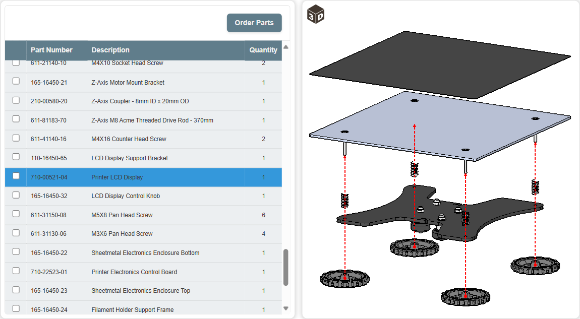 The part list gadget with parts ghoseted and hidden in the 3D printer model The part list gadget with parts ghoseted and hidden in the 3D printer model